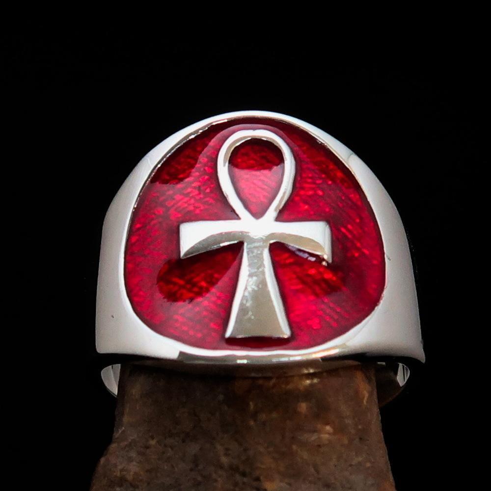 Excellent crafted Men's big red Egyptian Ankh Cross Ring - Sterling Silver-1